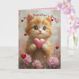 Valentine's Day Kitten Red Hearts Pink Roses Kaart