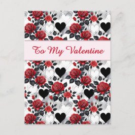 Valentine's Day Patterned Roses and Hearts Briefkaart