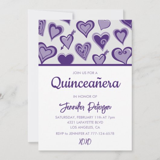 Valentines jour quinceanera invitation coeur pourp (Devant)