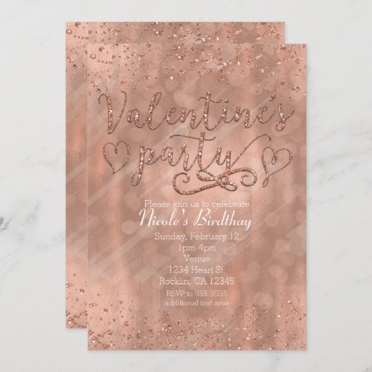 Valentine's Party Rose Rose Gold Glam Invitations (Devant / Derrière)