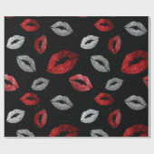 Valentines Red Silver Glitter Lips on Black  Cadeaupapier (Vlak)