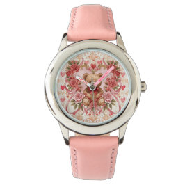 Valentine's ,Teddy Bear,Pink Love Heart and Flower Horloge