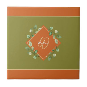 Valle bladeren Oranje + groene monogrammen Decorat Tegeltje