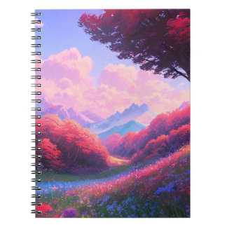 Vallei versierd met rode en blauwe flora notitieboek
