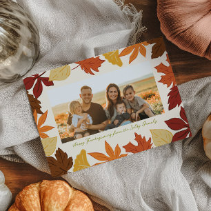 Vallende bladeren Gelukkig Thanksgiving Foto Feestdagenkaart