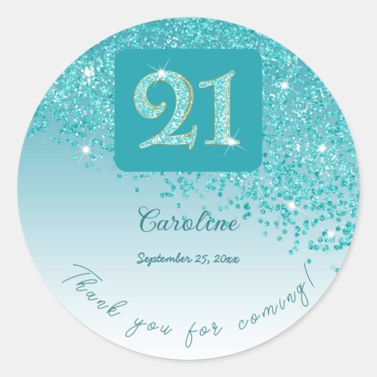 Vallende Blauwgroen Blue Glitter, 21ste verjaardag Ronde Sticker (Voorkant)