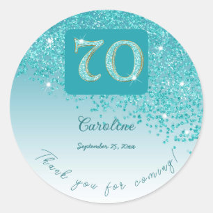 Vallende Blauwgroen Blue Glitter, 70ste verjaardag Ronde Sticker