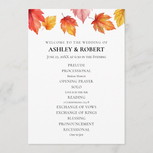 Vallende herfstbladeren herfstbruiloft programma (Voorkant)