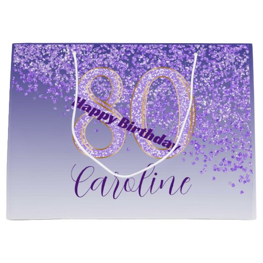  vallende Paarse glitter 80e verjaardag Groot Cadeauzakje (Voorkant)