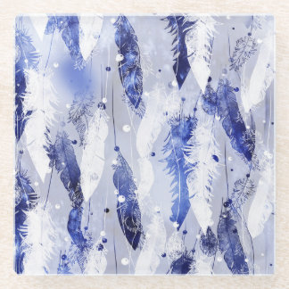 Vallende veren: waterverf blauw. glazen onderzetter