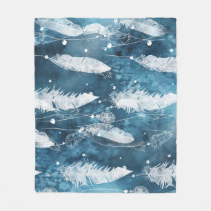 Vallende witte veren, blauwe waterverf. fleece deken