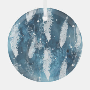 Vallende witte veren, blauwe waterverf. glas ornament