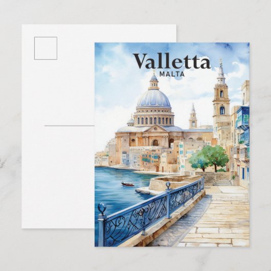 Valletta Malta Waterverf Schilderij Reizen Briefkaart (Voorkant / Achterkant)