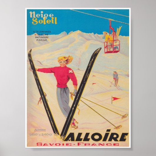 Valloire France Retro  Ski Travel Poster (Voorkant)
