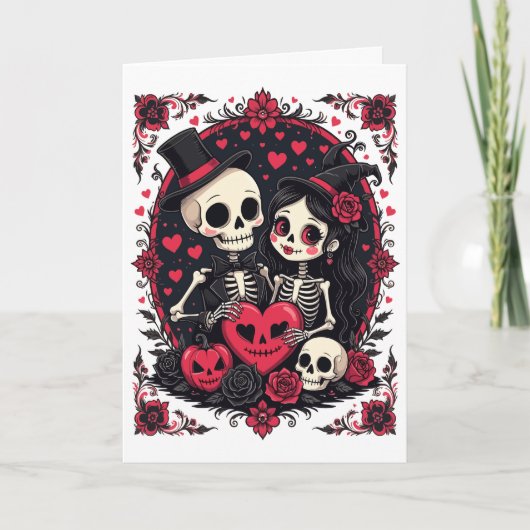 Valloween Verliefd Skelet Koppel Kaart (Voorkant)