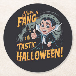 Vampier Funny heeft een Fang-Tastic Halloween Ronde Kartonnen Onderzetter