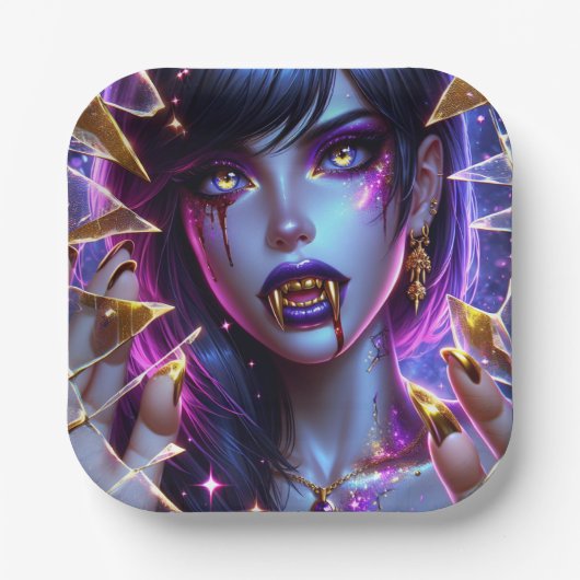 Vampier met gouden ogen en tanden Halloween Papieren Bordje (Voorkant)