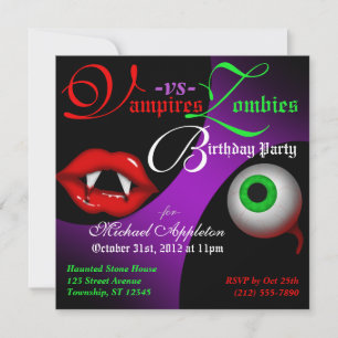 Vampiers vs Zombies Halloween Birthday Invitations Kaart