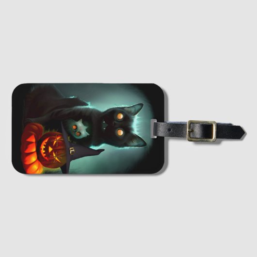 Vampire Cat and Wizard Pumpkin Halloween Surreal Bagagelabel (Voorkant (horizontaal))