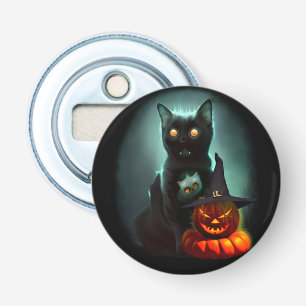 Vampire Cat and Wizard Pumpkin Halloween Surreal Button Flesopener