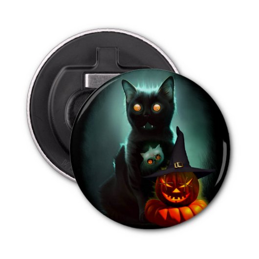 Vampire Cat and Wizard Pumpkin Halloween Surreal Button Flesopener (Voorkant)