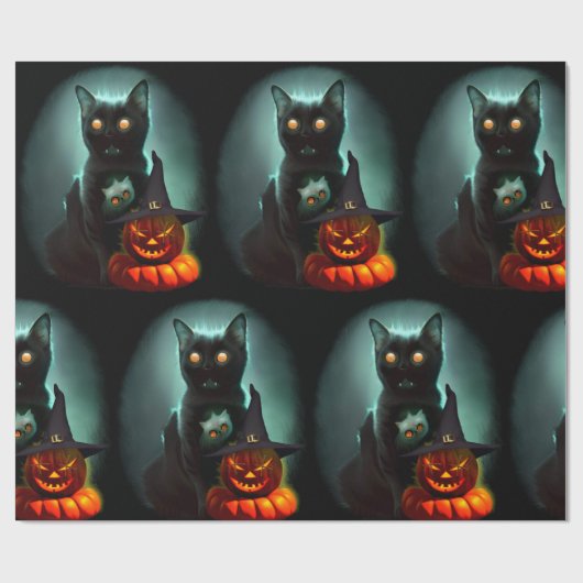 Vampire Cat and Wizard Pumpkin Halloween Surreal Cadeaupapier (Vlak)