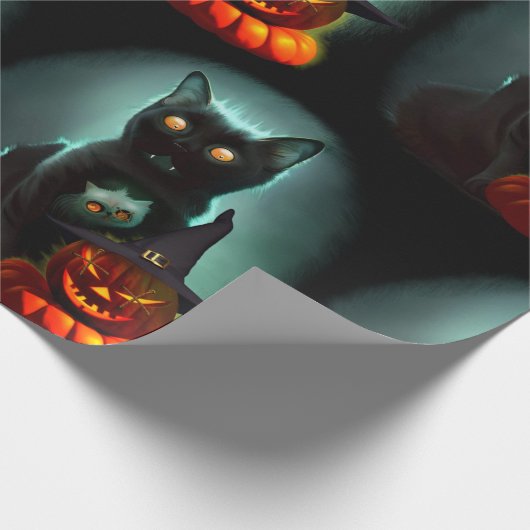 Vampire Cat and Wizard Pumpkin Halloween Surreal Cadeaupapier (Hoek)