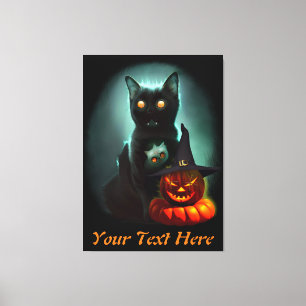 Vampire Cat and Wizard Pumpkin Halloween Surreal Canvas Afdruk