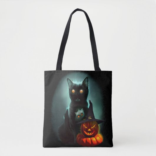 Vampire Cat and Wizard Pumpkin Halloween Surreal Draagtas (Voorkant)