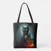 Vampire Cat and Wizard Pumpkin Halloween Surreal Draagtas (Achterkant)