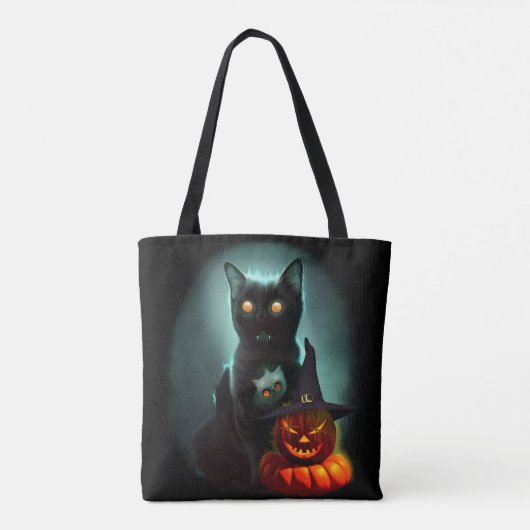 Vampire Cat and Wizard Pumpkin Halloween Surreal Draagtas (Achterkant)