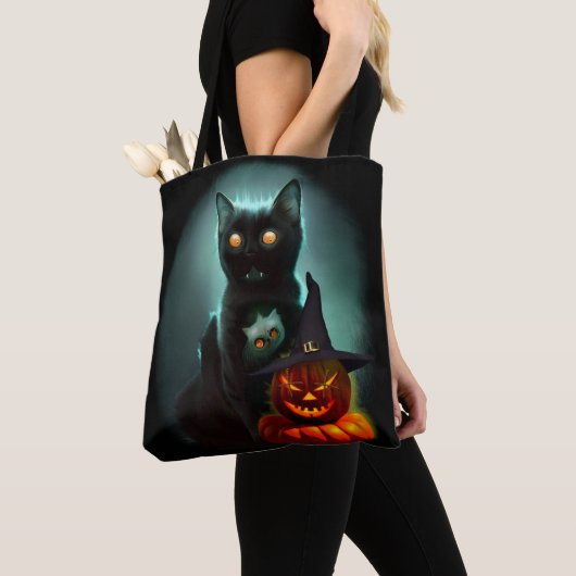 Vampire Cat and Wizard Pumpkin Halloween Surreal Draagtas (Dichtbij)