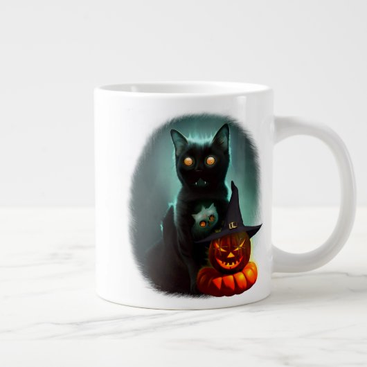 Vampire Cat and Wizard Pumpkin Halloween Surreal Extra Grote Beker (Rechts)