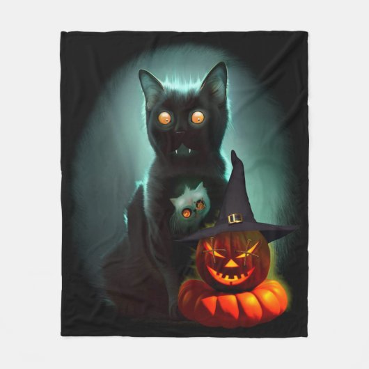 Vampire Cat and Wizard Pumpkin Halloween Surreal Fleece Deken (Voorkant)