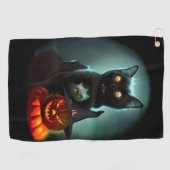 Vampire Cat and Wizard Pumpkin Halloween Surreal Golfhanddoek (Horizontaal)