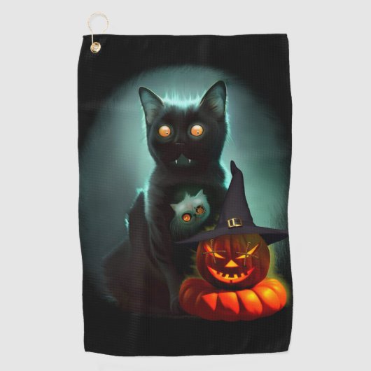 Vampire Cat and Wizard Pumpkin Halloween Surreal Golfhanddoek (Voorkant)