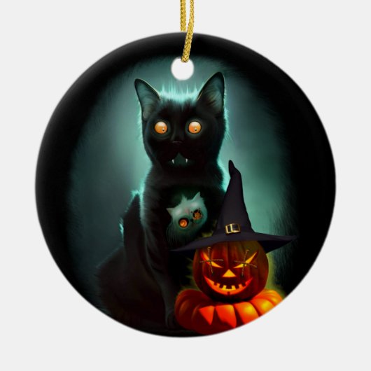 Vampire Cat and Wizard Pumpkin Halloween Surreal Keramisch Ornament (Voorkant)