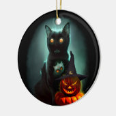 Vampire Cat and Wizard Pumpkin Halloween Surreal Keramisch Ornament (Links)