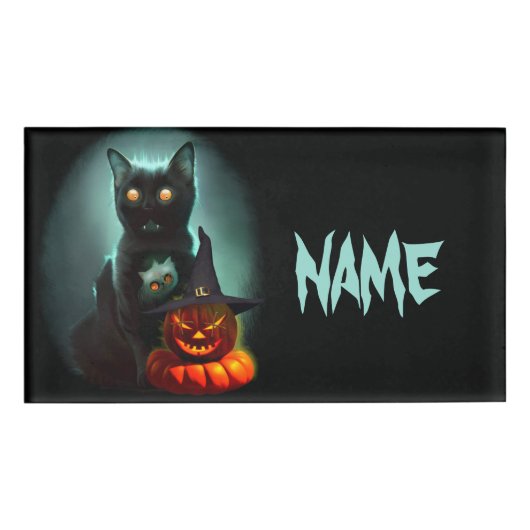 Vampire Cat and Wizard Pumpkin Halloween Surreal   Naambadge (Voorkant)