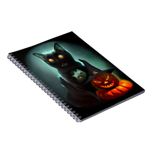 Vampire Cat and Wizard Pumpkin Halloween Surreal Notitieboek (Rechterzijde)