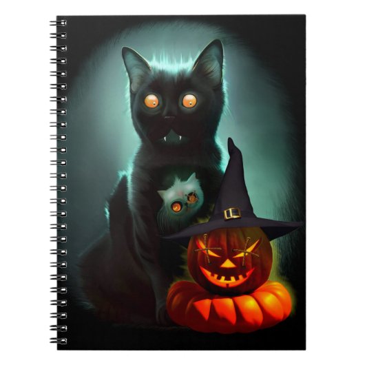 Vampire Cat and Wizard Pumpkin Halloween Surreal Notitieboek (Voorkant)