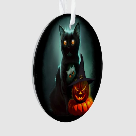 Vampire Cat and Wizard Pumpkin Halloween Surreal Ornament (voorkant)