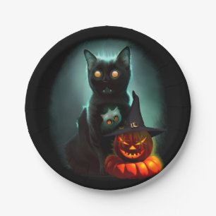 Vampire Cat and Wizard Pumpkin Halloween Surreal Papieren Bordje