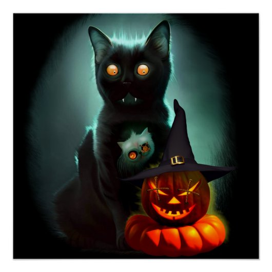 Vampire Cat and Wizard Pumpkin Halloween Surreal Perfect Poster (Voorkant)