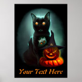 Vampire Cat and Wizard Pumpkin Halloween Surreal Poster (Voorkant)