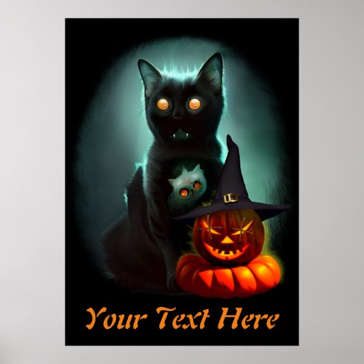 Vampire Cat and Wizard Pumpkin Halloween Surreal Poster (Voorkant)