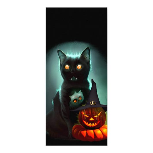 Vampire Cat and Wizard Pumpkin Halloween Surreal Reclamekaart (Voorkant)