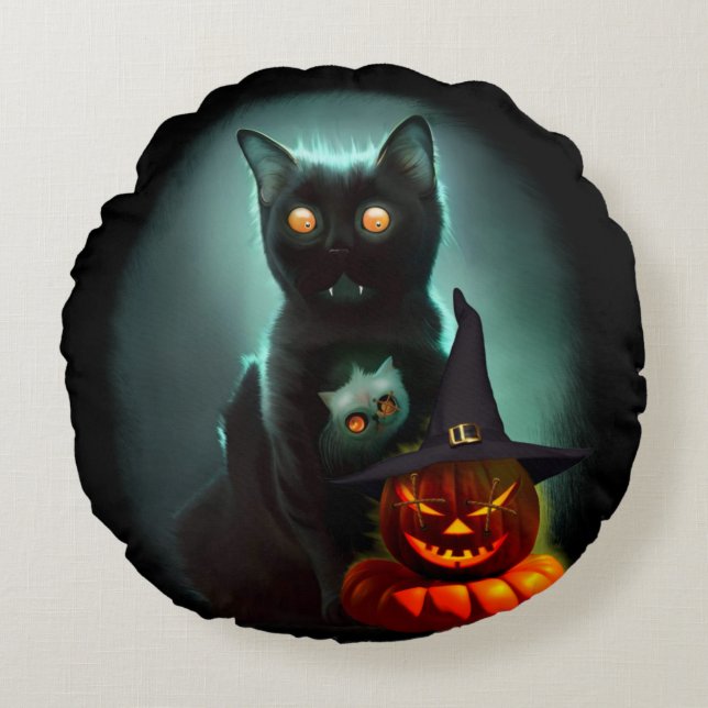 Vampire Cat and Wizard Pumpkin Halloween Surreal Rond Kussen (Voorkant)