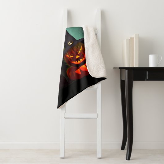Vampire Cat and Wizard Pumpkin Halloween Surreal Sherpa Deken (In situ)