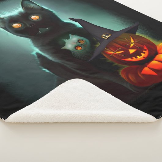 Vampire Cat and Wizard Pumpkin Halloween Surreal Sherpa Deken (3/4)